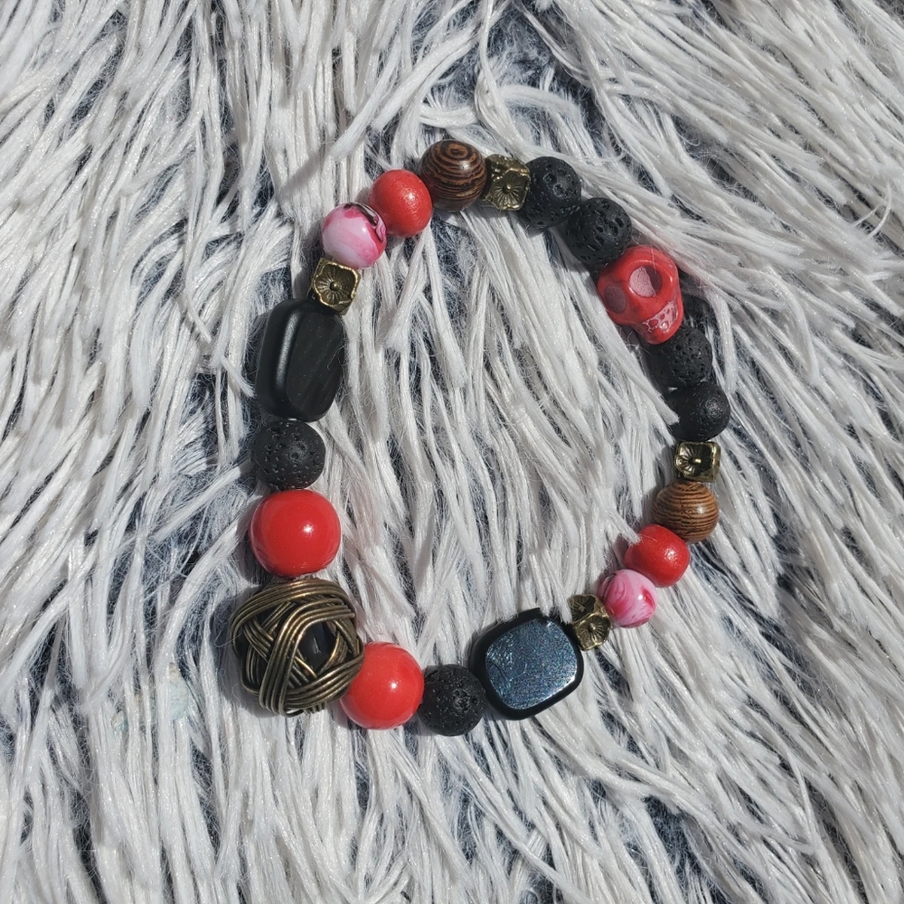 🔥HUGE SALE Handmade red and black skull lava beaded Bracelet
